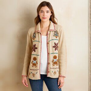 VINTAGE Crystal Kobe Ramie & Cotton Knit w/Christmas Cookie Appliqué Cardigan